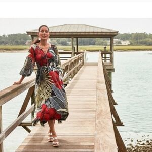 TOMMY BAHAMA Hibiscus Romance A-Line Relaxed Fit long sleeves Midi Dress